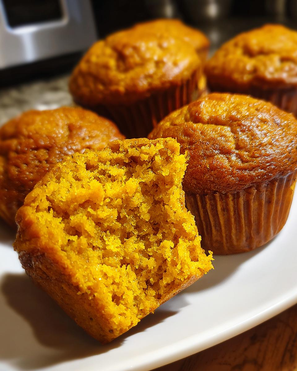 Close-up of moist pumpkin banana muffins on a white plate, one muffin has a bite taken out.