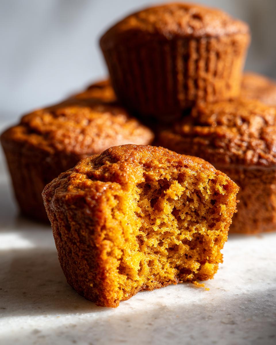 Close-up of a freshly baked pumpkin banana muffin with a bite taken out, showing its moist and fluffy texture.