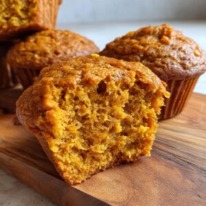 Close-up of a bite taken out of a moist pumpkin banana muffin, showing its fluffy texture.