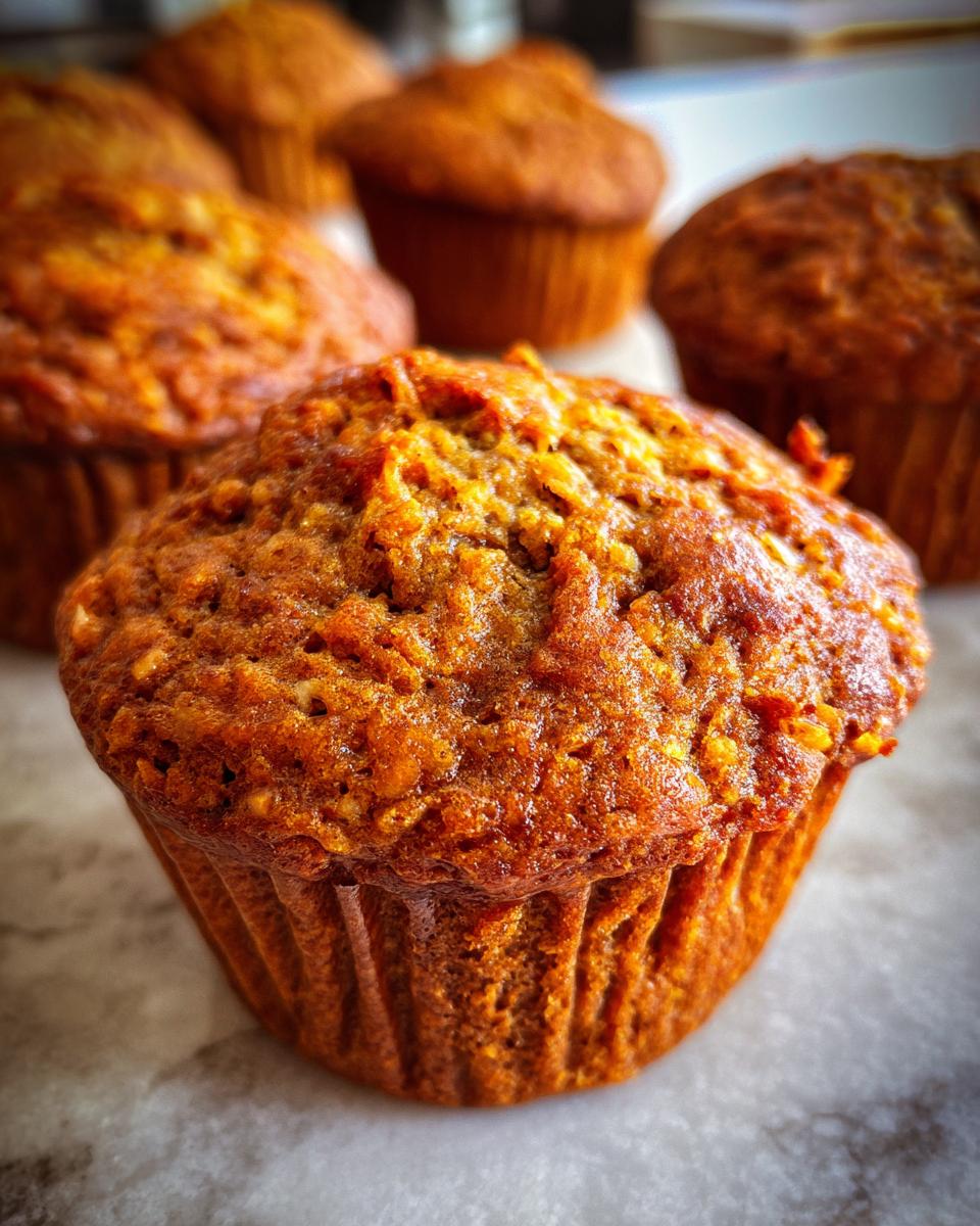 Close-up of freshly baked pumpkin banana muffins, golden brown and fluffy.
