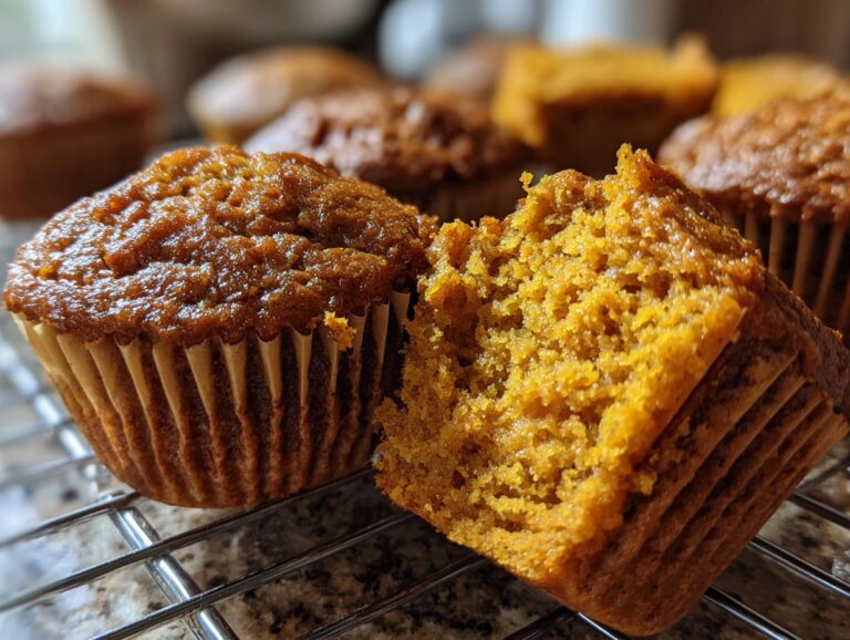 Close-up of moist pumpkin banana muffins on a wire cooling rack, one muffin is broken in half to show the texture.