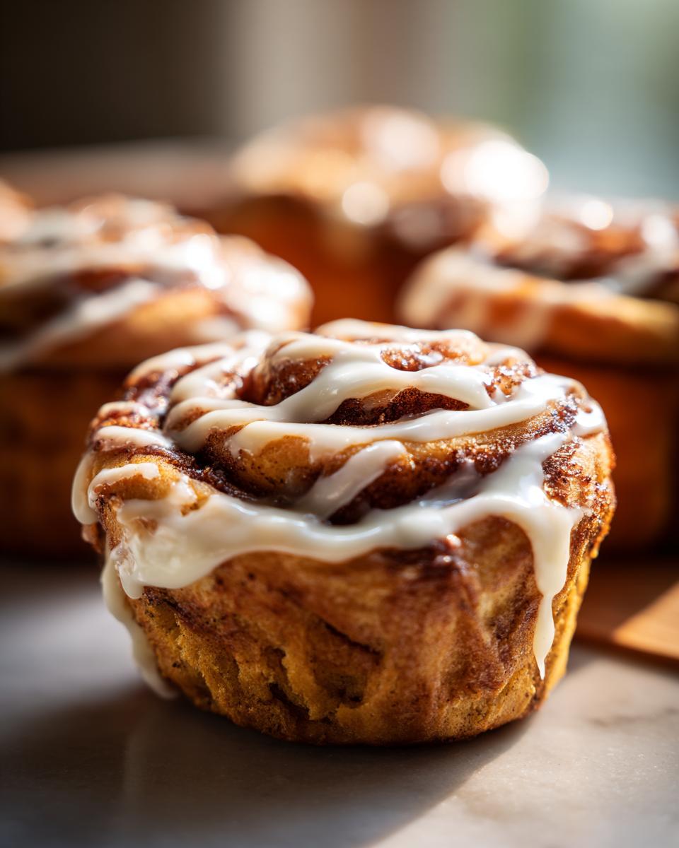 Close-up of a pumpkin cinnamon roll muffin, drizzled with white icing, with more muffins blurred in the background.
