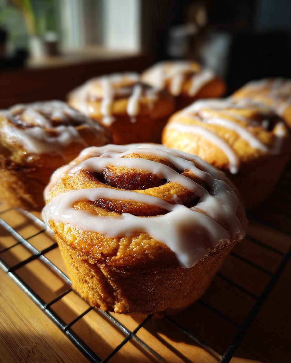 Close-up of freshly baked pumpkin cinnamon roll muffins drizzled with white glaze.