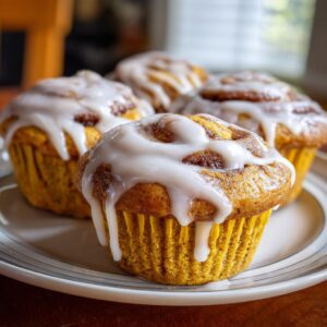 Close-up of four delicious pumpkin cinnamon roll muffins topped with white glaze.