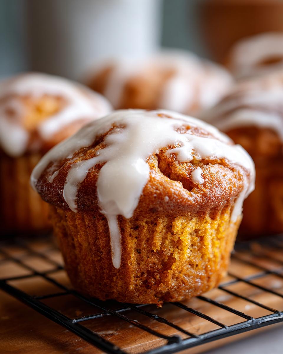 Close-up of a moist pumpkin cinnamon roll muffin drizzled with white glaze on a cooling rack.