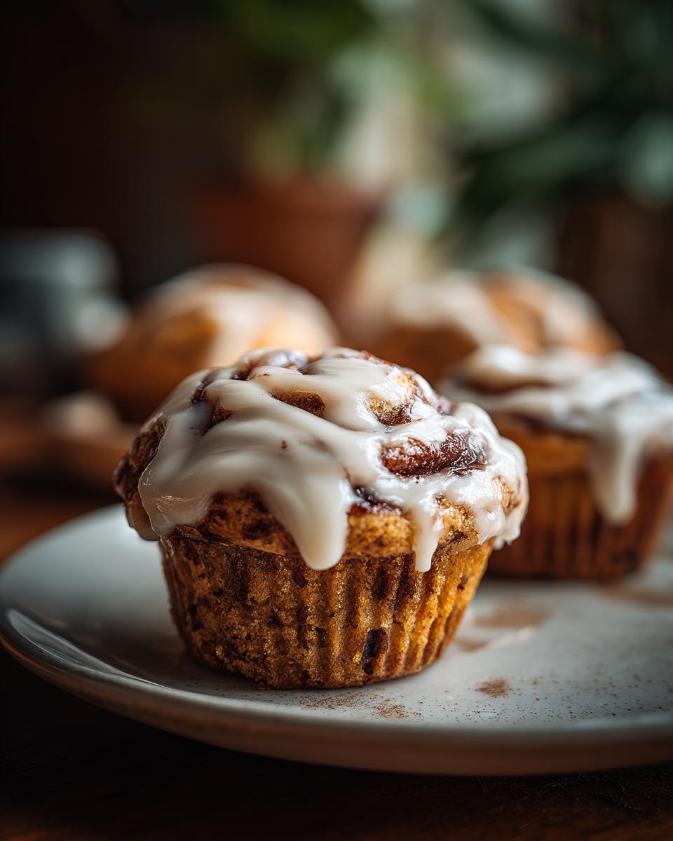 Close-up of a pumpkin cinnamon roll muffin topped with white glaze, with more muffins in the background.