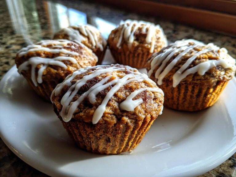 A plate of five Pumpkin Cinnamon Roll Muffins, drizzled with a white glaze.