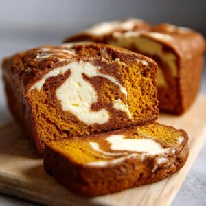 A close-up of a slice of moist pumpkin cream cheese bread with a swirl of cream cheese filling.