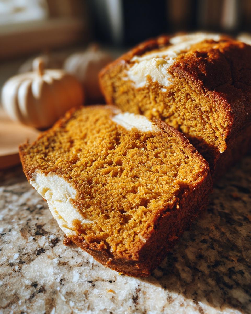 A close-up of a moist pumpkin cream cheese bread slice, showcasing the rich orange crumb and creamy white swirl.