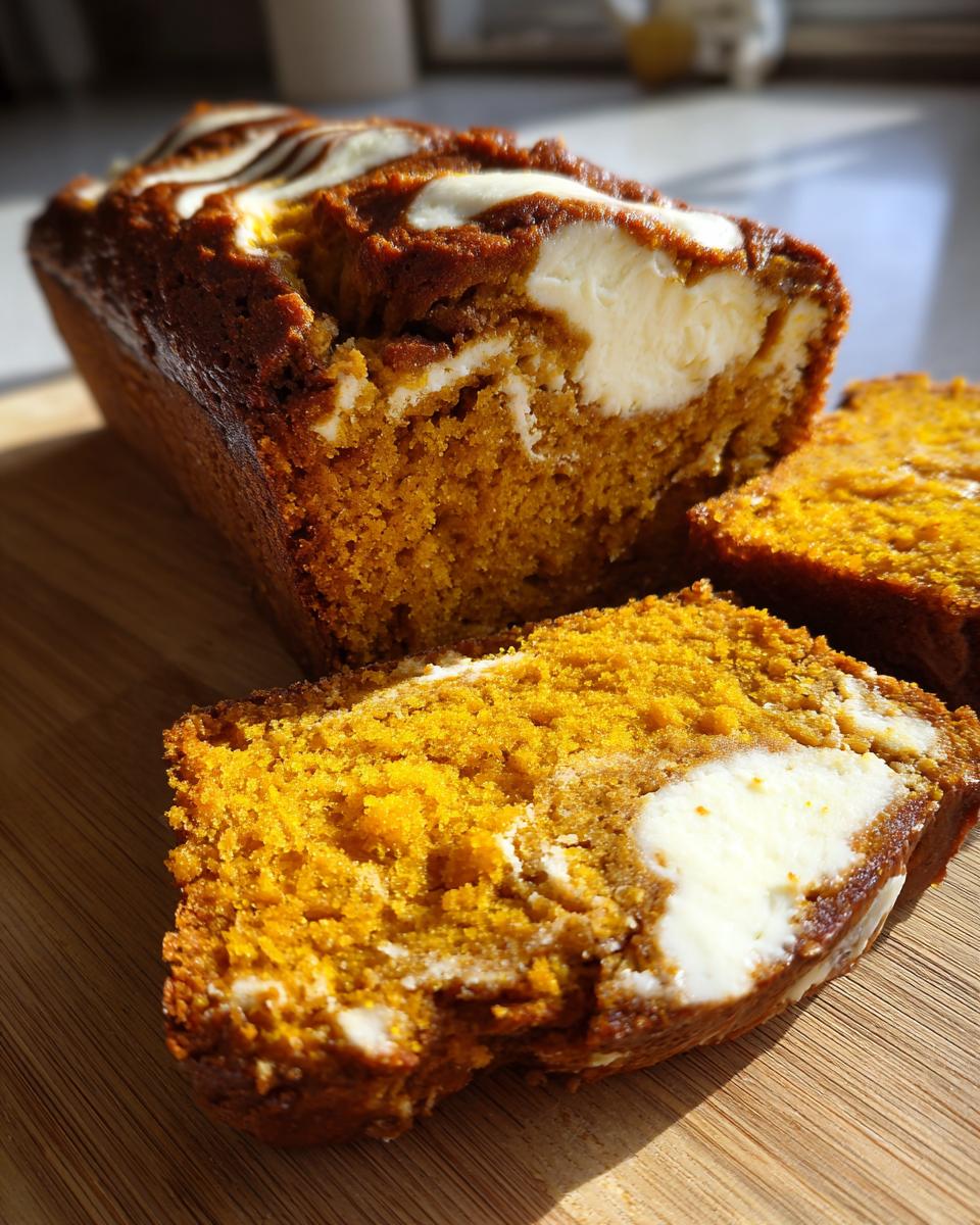 Close-up of a moist pumpkin cream cheese bread with a swirl of cream cheese.