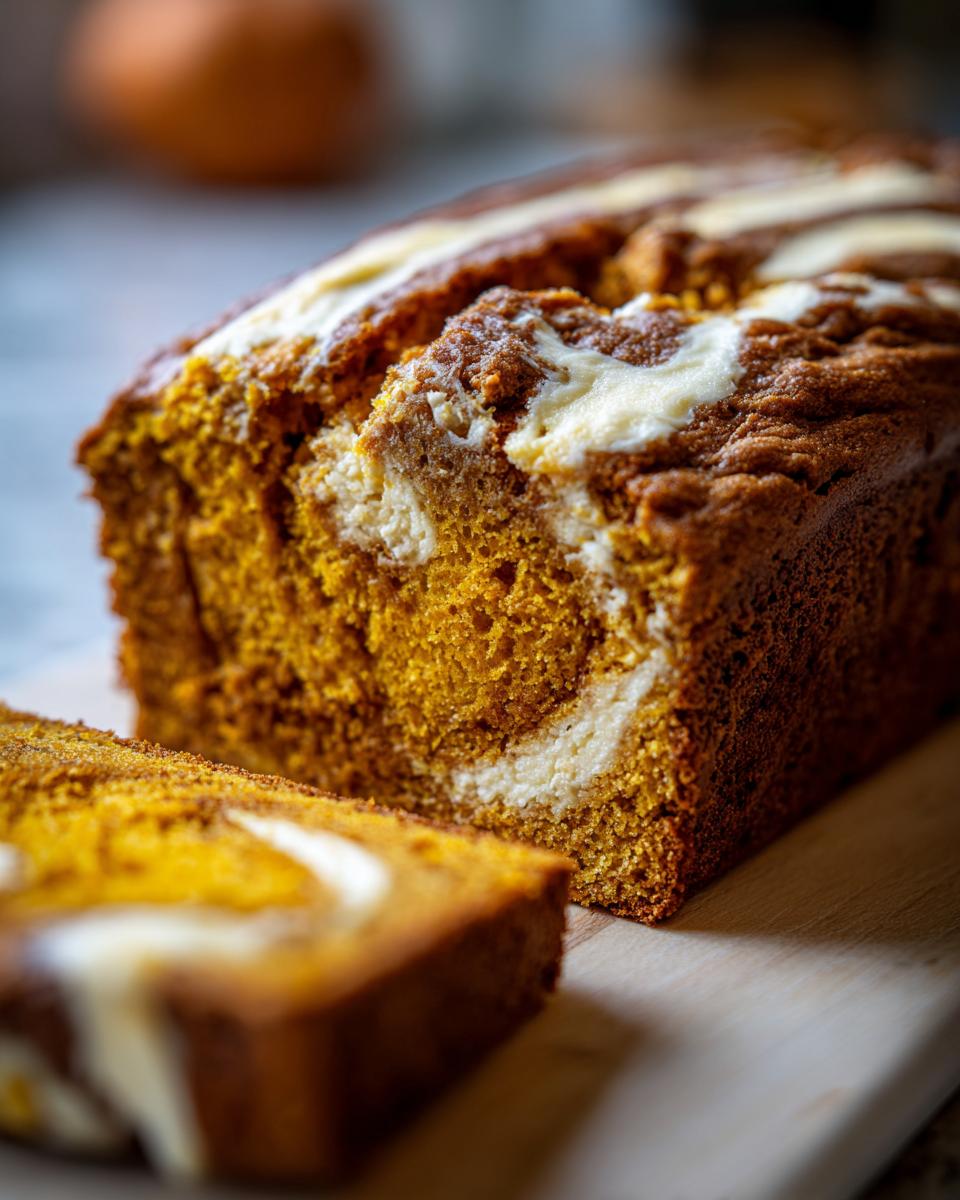 A close-up of a moist pumpkin cream cheese bread with a swirl of cream cheese.