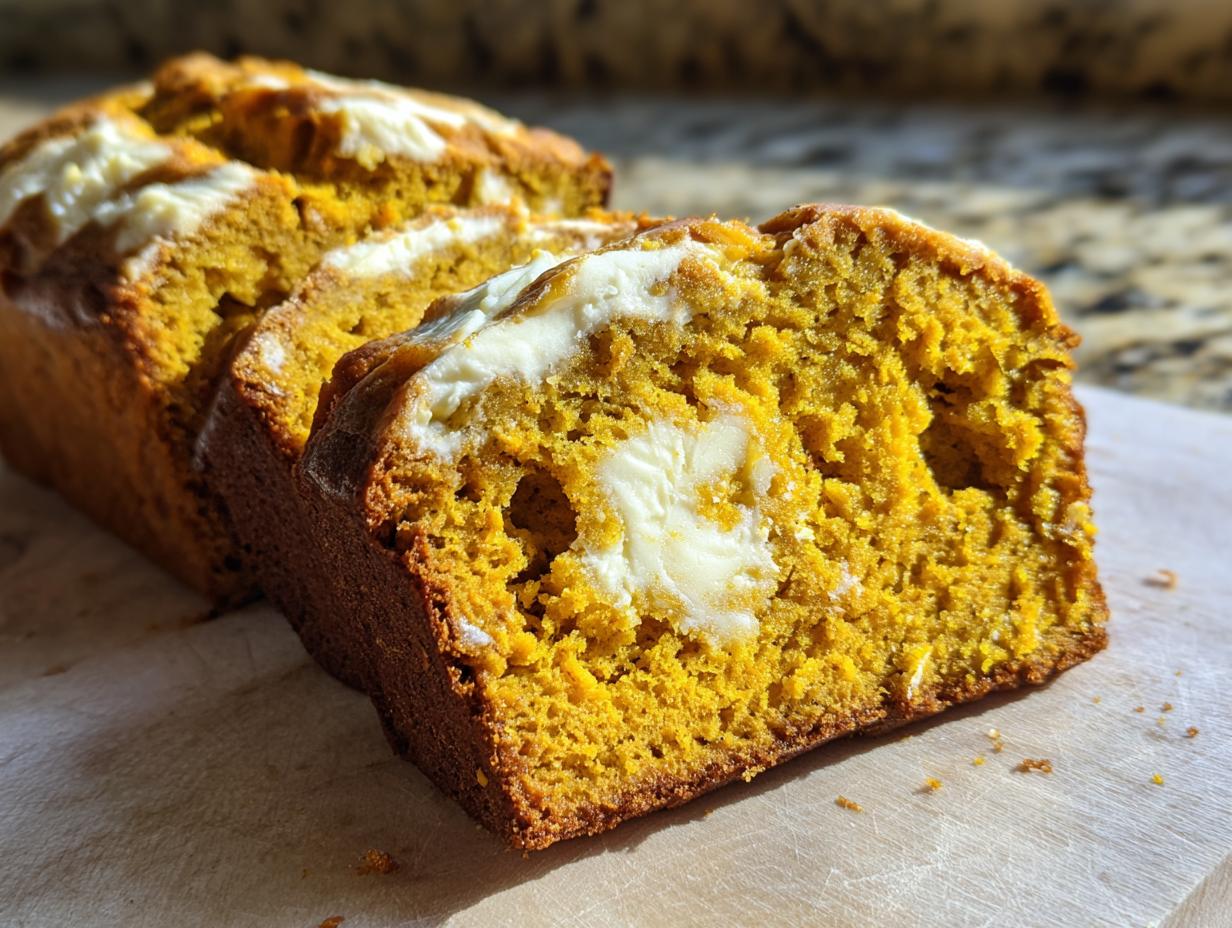 Close-up of a moist pumpkin cream cheese bread, showing a swirl of cream cheese within the pumpkin bread.