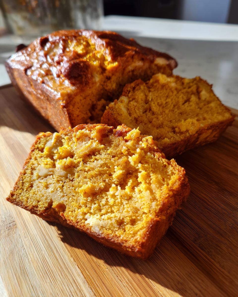 Close-up of moist pumpkin cream cheese bread with visible cream cheese chunks and a golden crust.