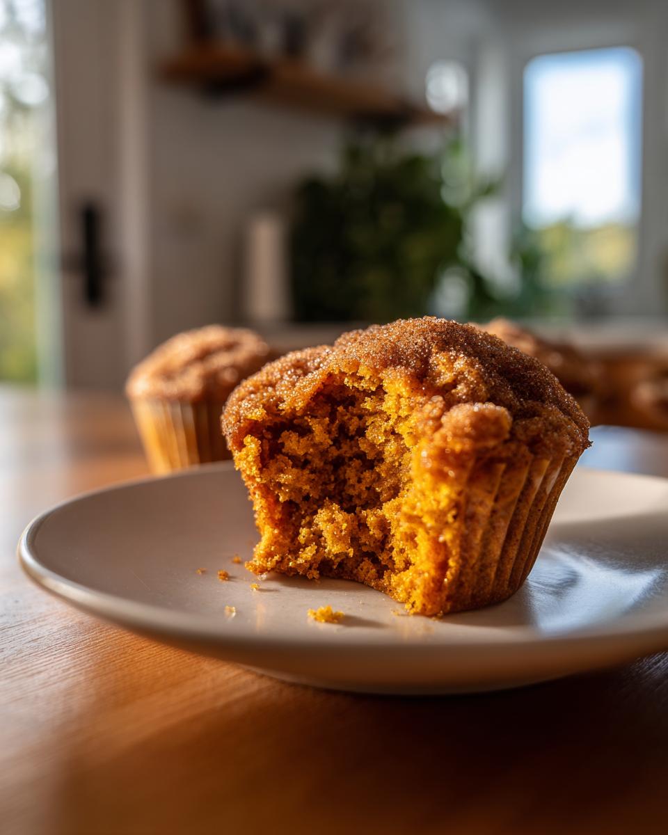 A close-up of a moist pumpkin muffin with a bite taken out, showing its fluffy texture and cinnamon-sugar topping.