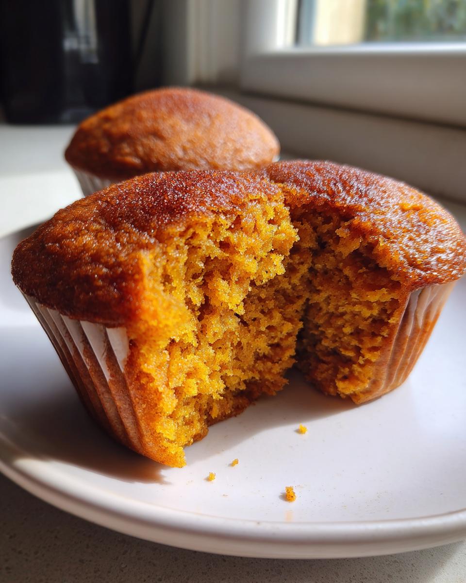 A close-up of a delicious pumpkin muffin, broken in half to show its moist crumb.