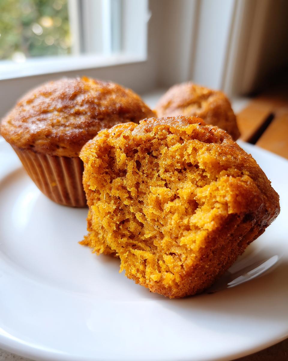 Close-up of a broken pumpkin muffin showing its moist and fluffy interior, with two whole pumpkin muffins in the background.