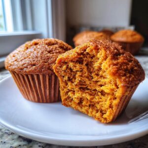 Close-up of two moist pumpkin muffins on a white plate, one is broken in half to show the fluffy interior.