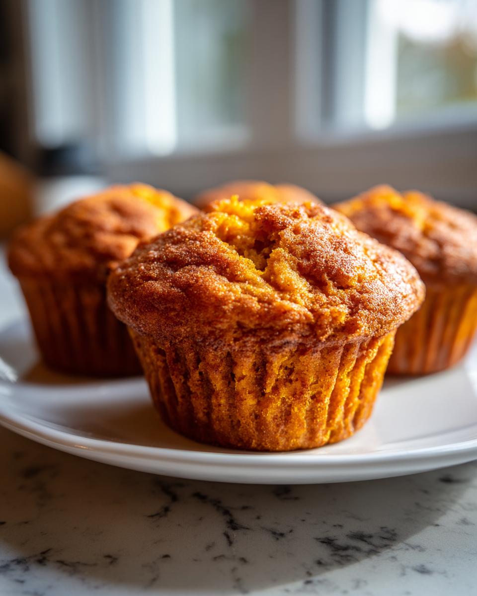 Close-up of four golden-brown pumpkin muffins on a white plate, ready to be enjoyed.