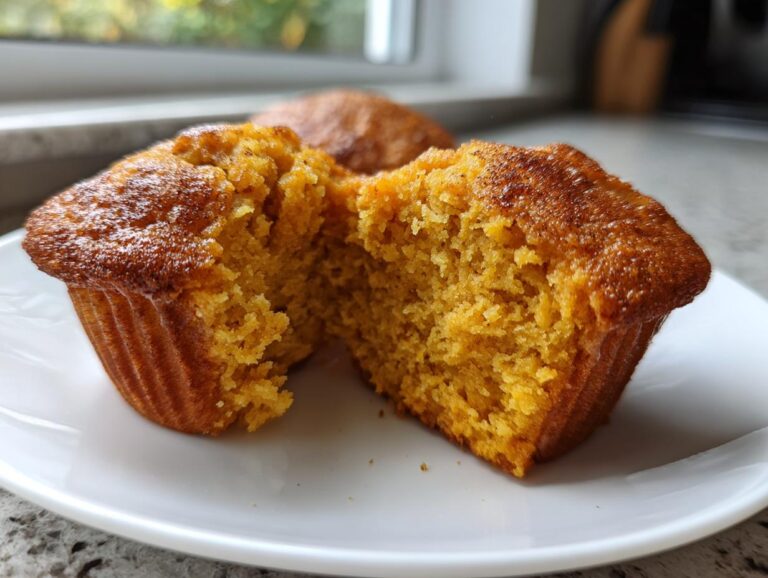 Close-up of a delicious pumpkin muffin split in half, revealing its fluffy texture.