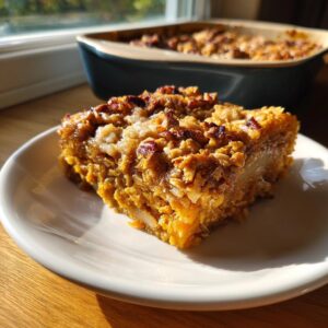 A slice of golden pumpkin oatmeal dump cake with a crumb topping on a white plate.