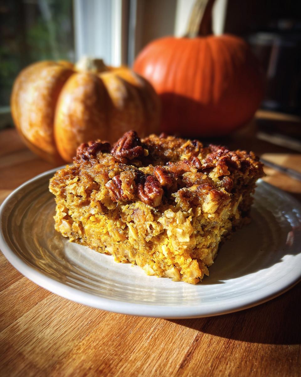 A slice of golden Pumpkin Oatmeal Dump Cake topped with pecans, served on a plate with pumpkins in the background.