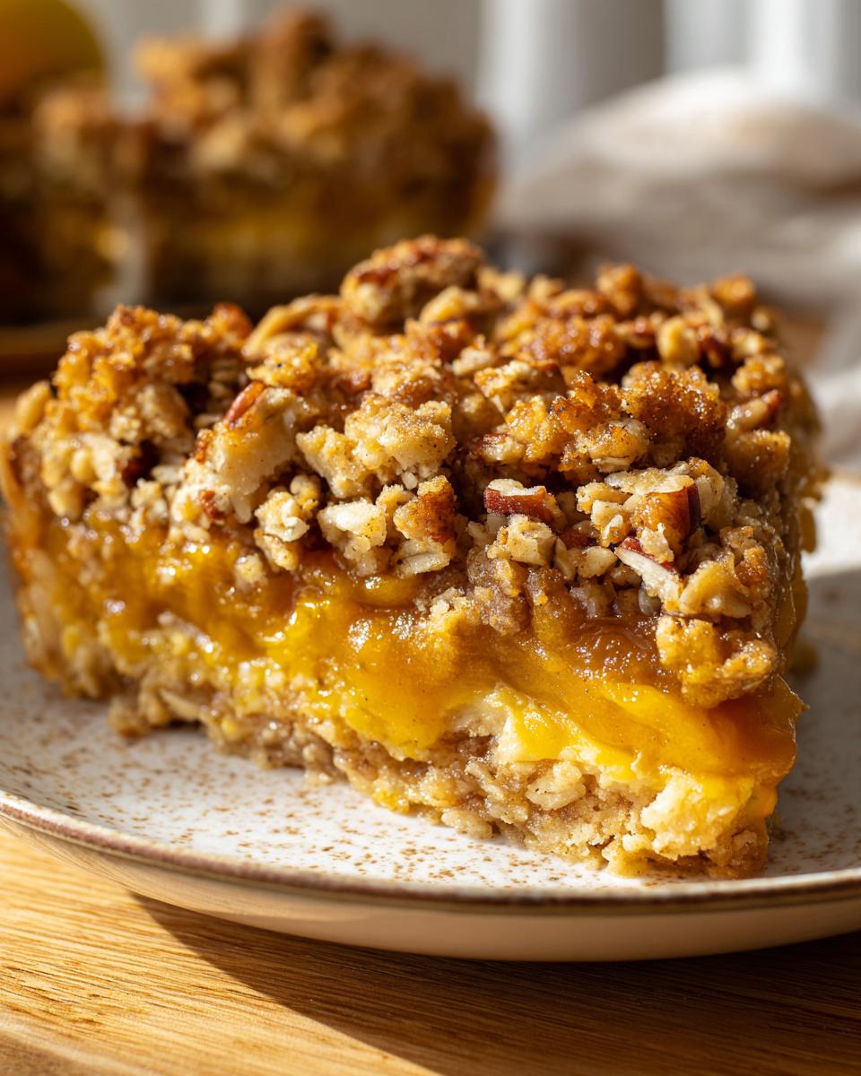A close-up of a slice of pumpkin oatmeal dump cake on a speckled plate, showing a crumb topping and rich pumpkin filling.