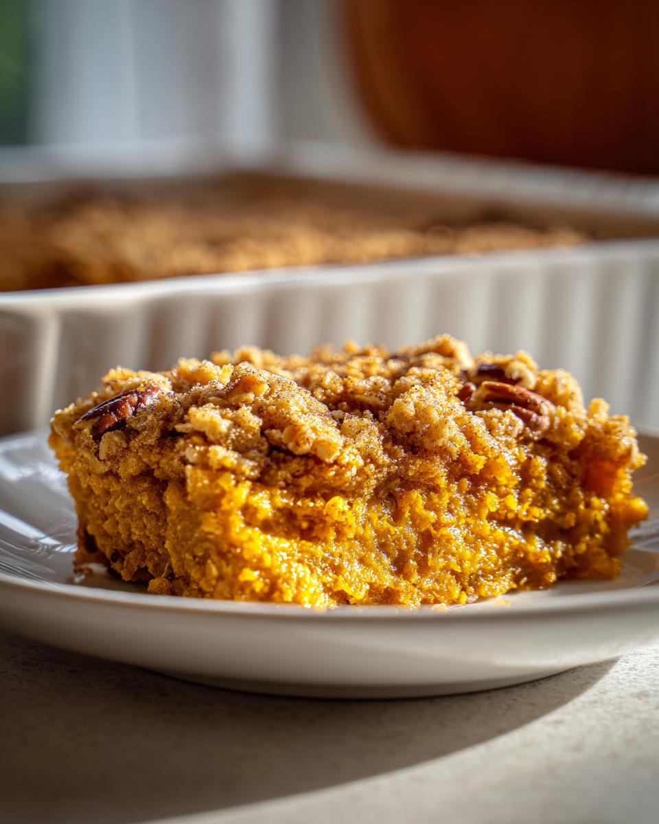A close-up of a slice of pumpkin oatmeal dump cake with a crumb topping and pecans.