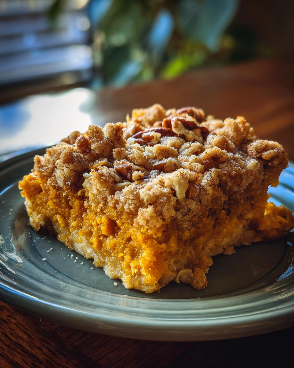 A close-up of a slice of pumpkin oatmeal dump cake topped with streusel and pecans on a blue plate.