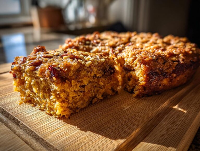 A close-up of a slice of golden pumpkin oatmeal dump cake on a wooden board, showing its moist texture and crunchy topping.