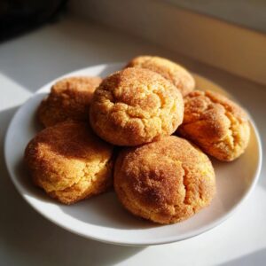 A close-up view of several freshly baked pumpkin snickerdoodle cookies, coated in cinnamon sugar, piled on a white plate.