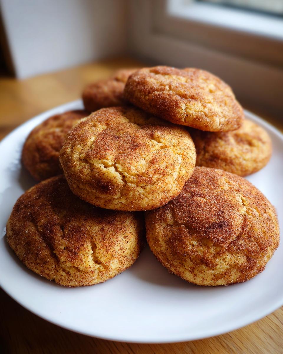 A stack of freshly baked pumpkin snickerdoodle cookies, coated in cinnamon sugar.
