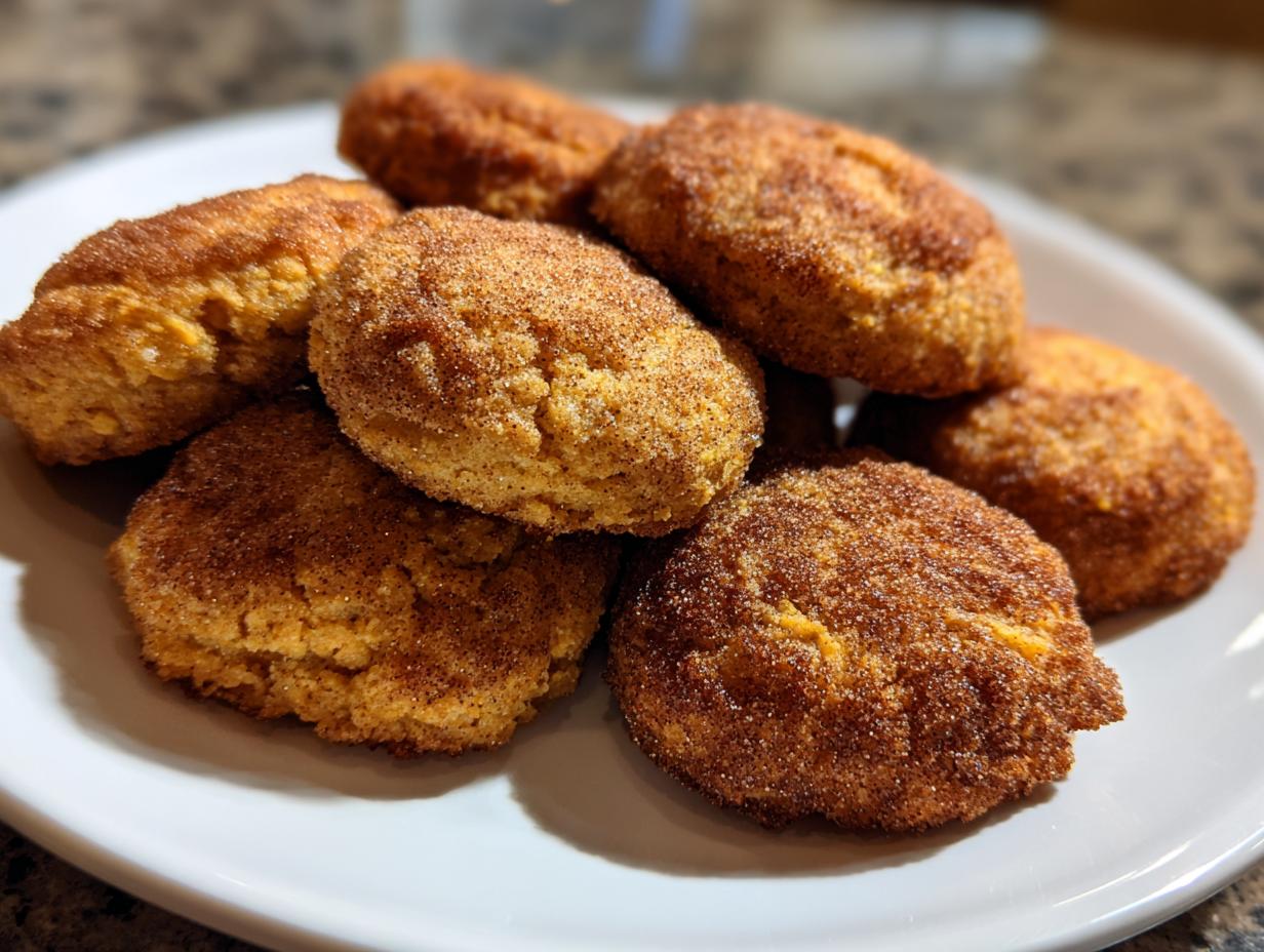 A close-up shot of several freshly baked pumpkin snickerdoodle cookies, coated in cinnamon sugar, piled on a white plate.
