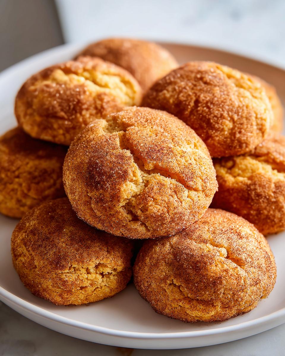 A close-up of a stack of freshly baked pumpkin snickerdoodle cookies, dusted with cinnamon sugar.