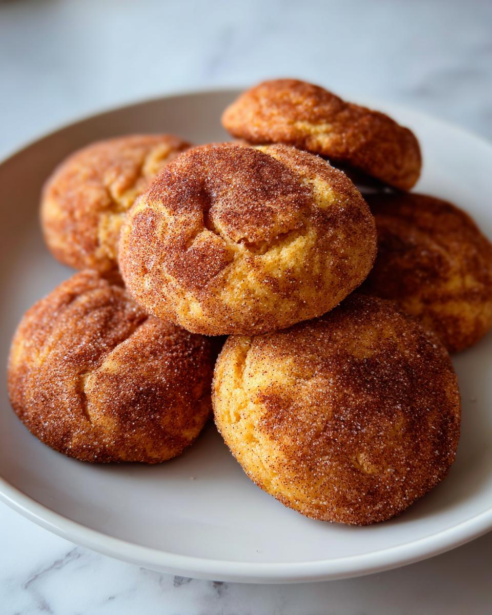 A pile of freshly baked pumpkin snickerdoodle cookies coated in cinnamon sugar.