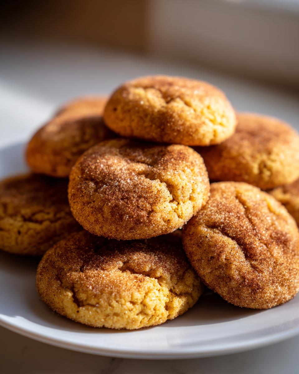 A close-up stack of freshly baked pumpkin snickerdoodle cookies coated in cinnamon sugar.