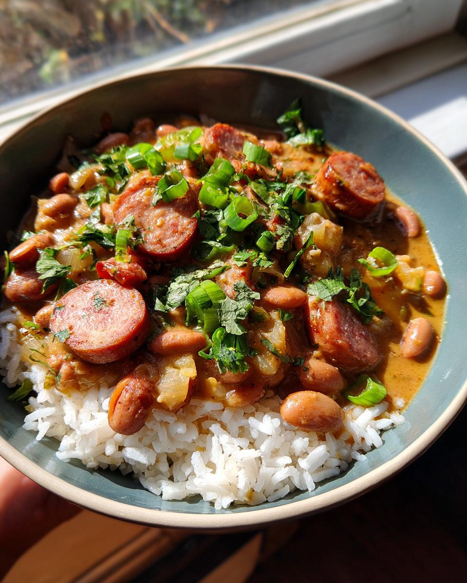 A close-up of a bowl filled with fluffy white rice topped with hearty red beans and rice and sliced sausage, garnished with green onions.