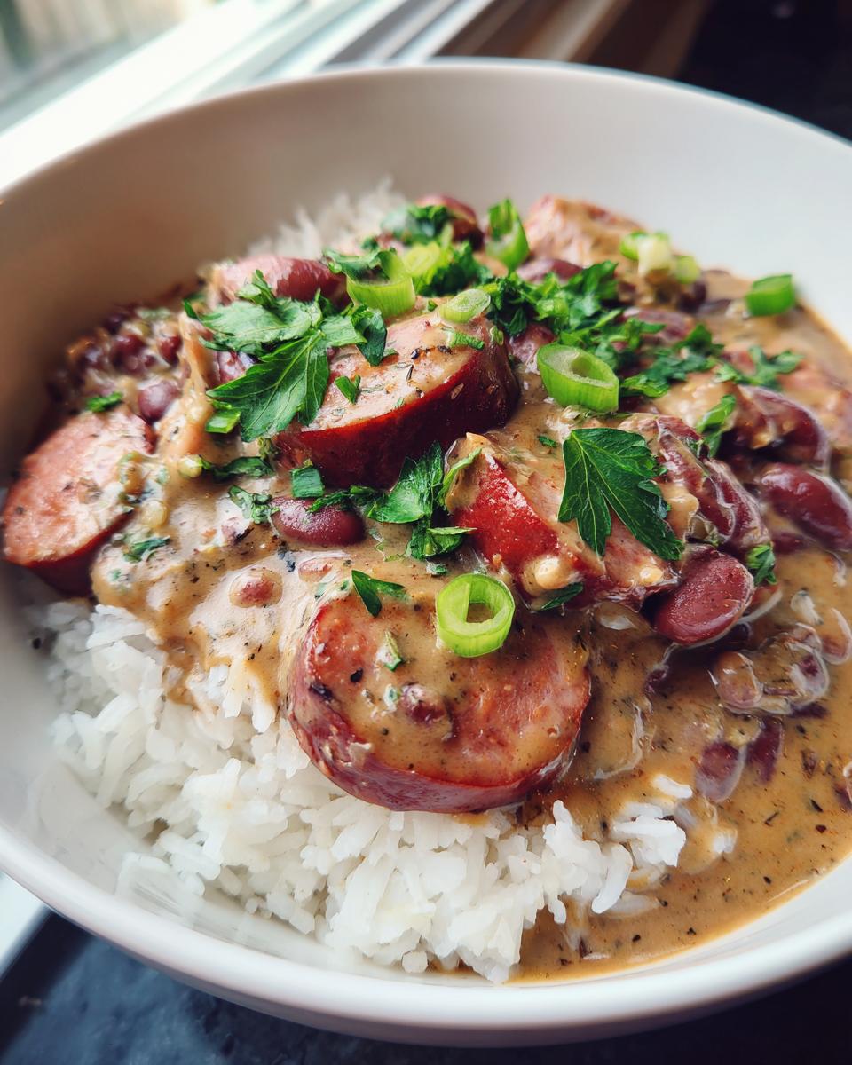 Close-up of a bowl of hearty red beans and rice topped with sliced sausage and fresh green onions.