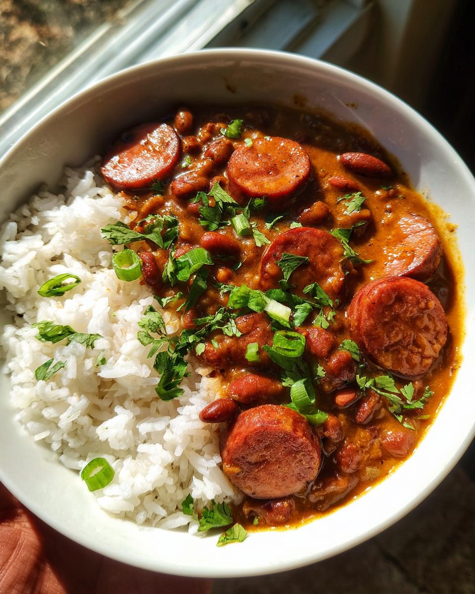 A close-up of a bowl of hearty red beans and rice, topped with sliced sausage and fresh green onions.