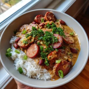 A close-up of a bowl of hearty red beans and rice topped with sliced sausage and fresh parsley.
