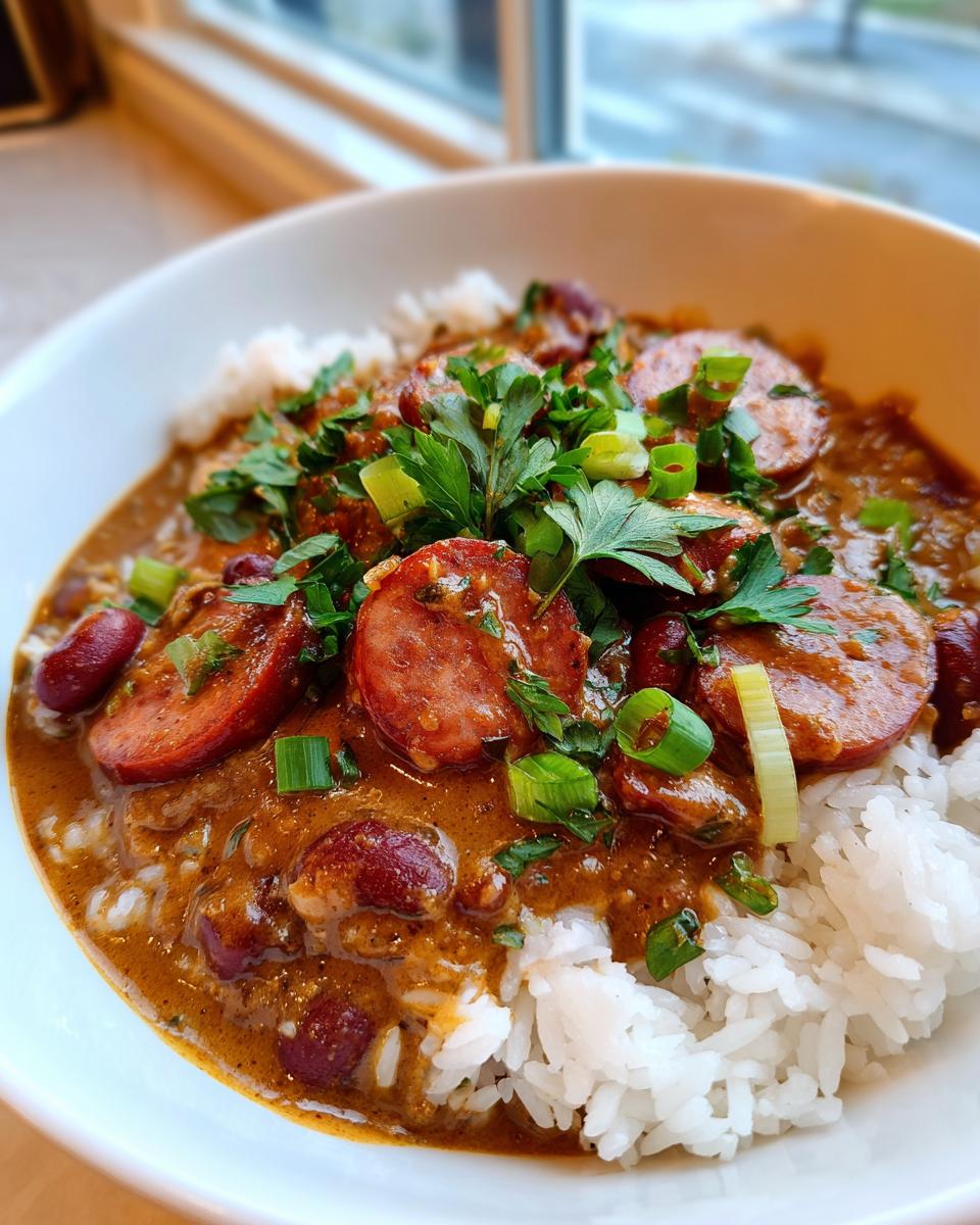 Close-up of a bowl of hearty red beans and rice topped with sliced sausage and fresh green onions.