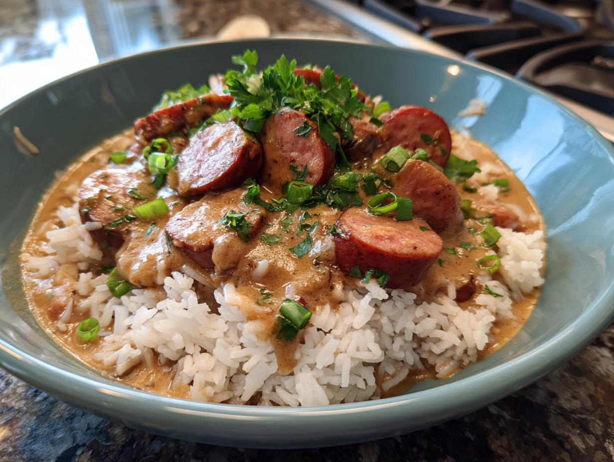 A close-up of a bowl of hearty red beans and rice topped with sliced sausage and garnished with green onions.
