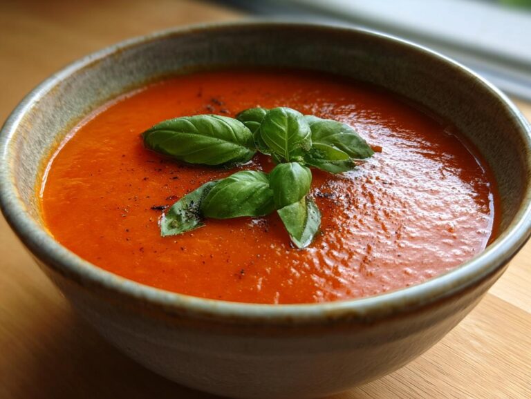 A close-up of a bowl of vibrant, creamy roasted tomato soup topped with fresh basil leaves and black pepper.