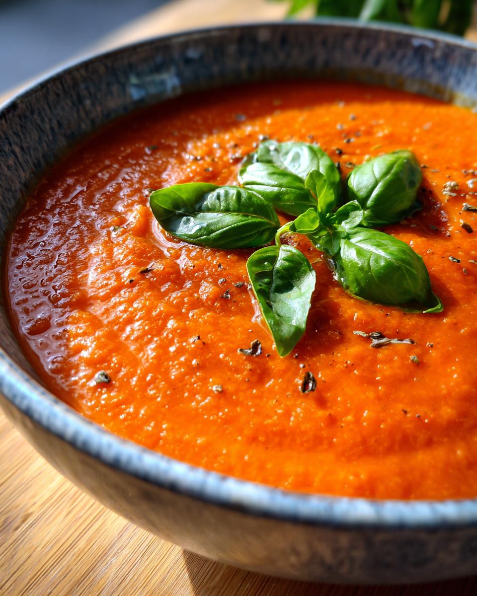A close-up of a bowl of vibrant Roasted Tomato Soup topped with fresh basil leaves and black pepper.