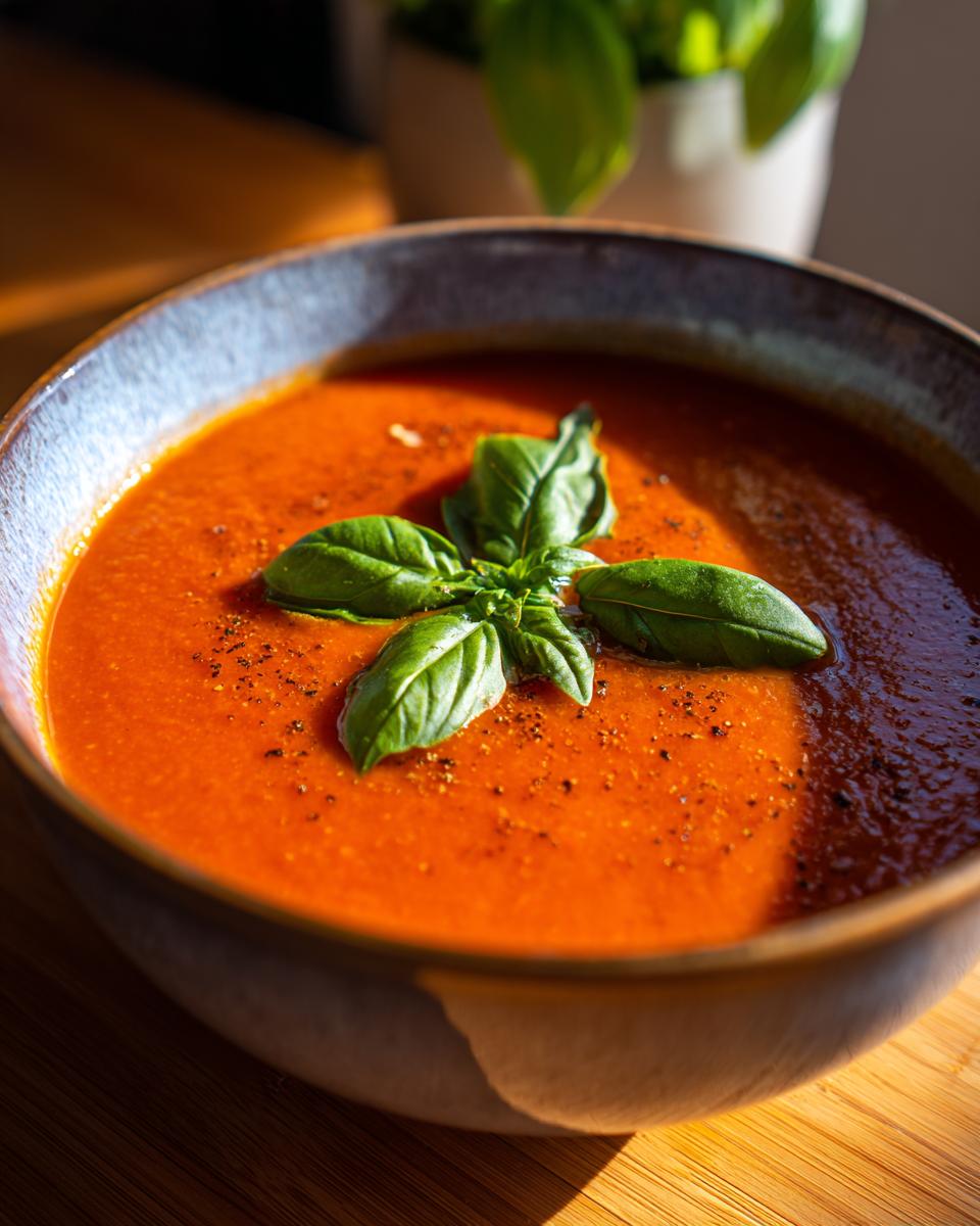 A close-up of a bowl of vibrant Roasted Tomato Soup, garnished with fresh basil leaves and black pepper.