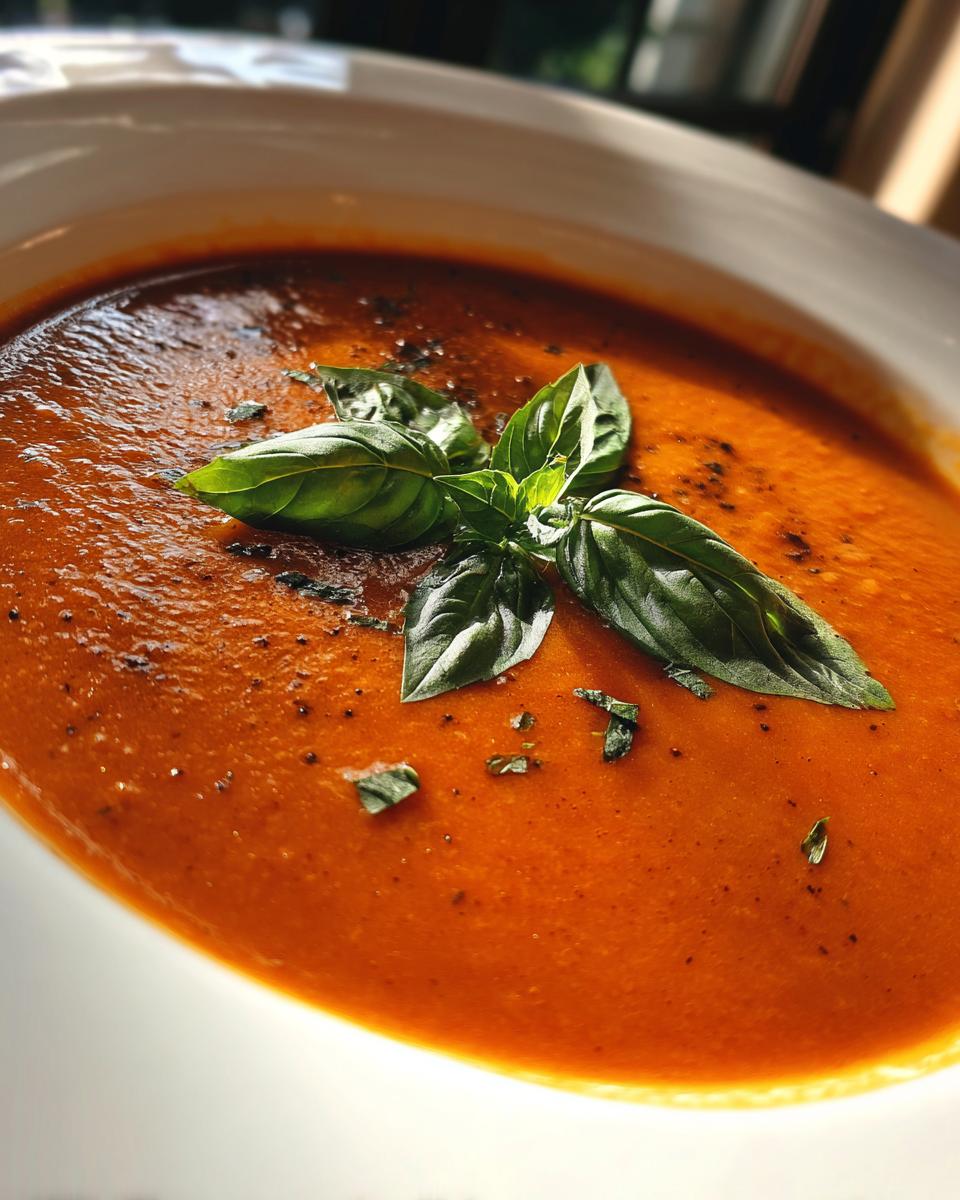 A close-up of a bowl of vibrant Roasted Tomato Soup, garnished with fresh basil leaves and cracked black pepper.