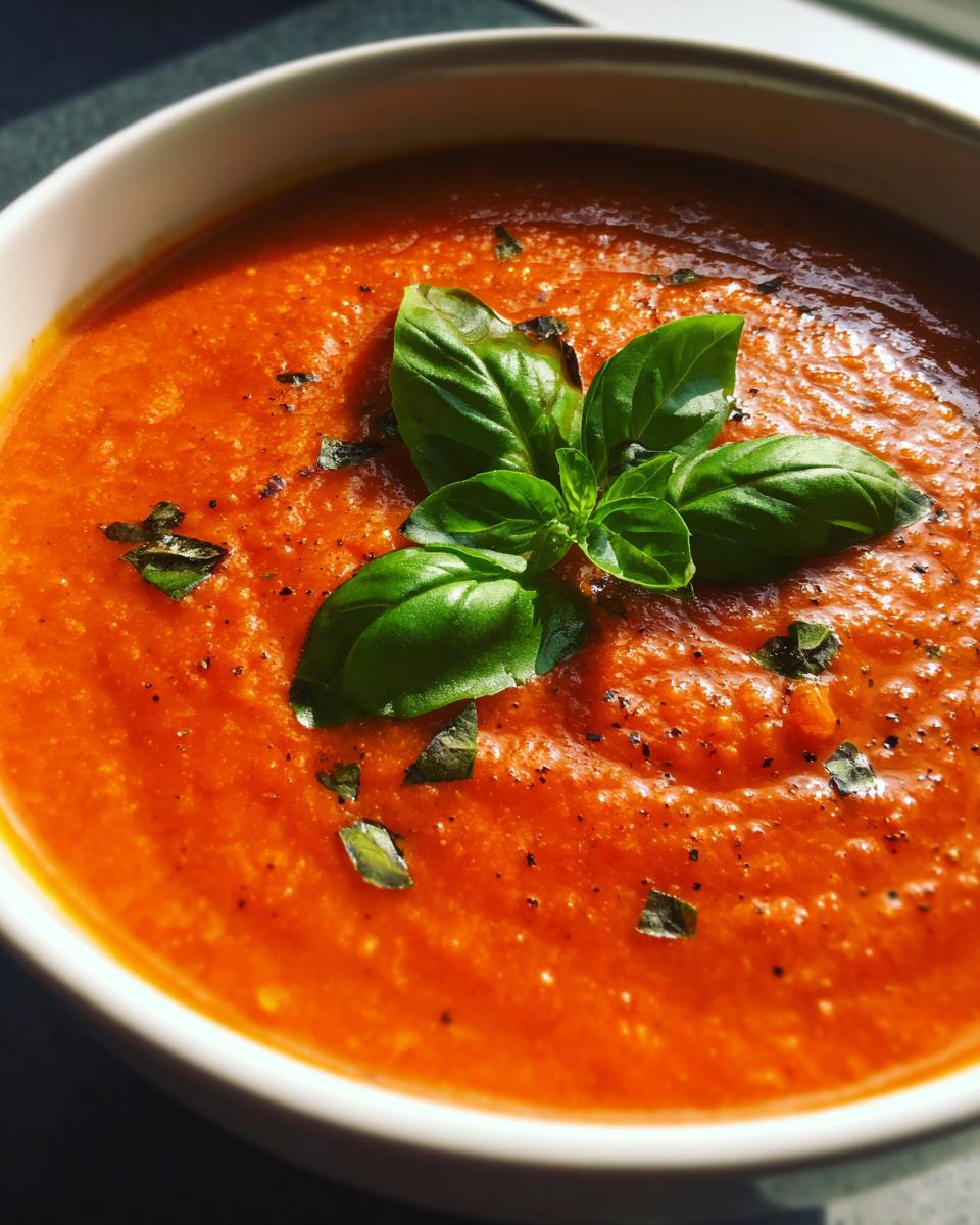 A close-up of a bowl of rich, vibrant Roasted Tomato Soup topped with fresh basil leaves and cracked black pepper.