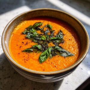 A close-up of a bowl of vibrant Roasted Tomato Soup, garnished with fresh basil leaves and a drizzle of oil.
