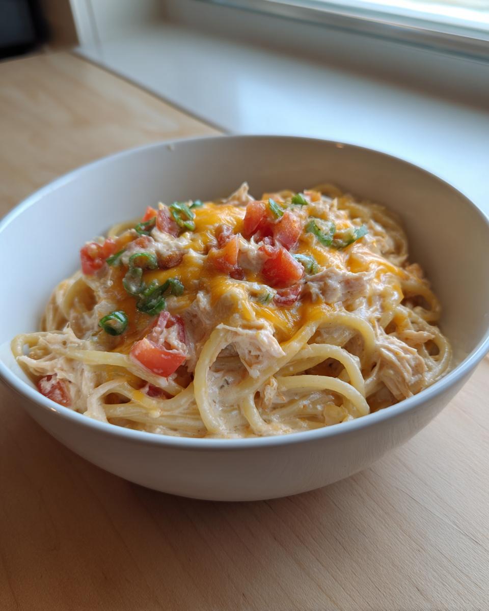 A bowl of creamy Rotel chicken spaghetti topped with melted cheese, diced tomatoes, and green onions.