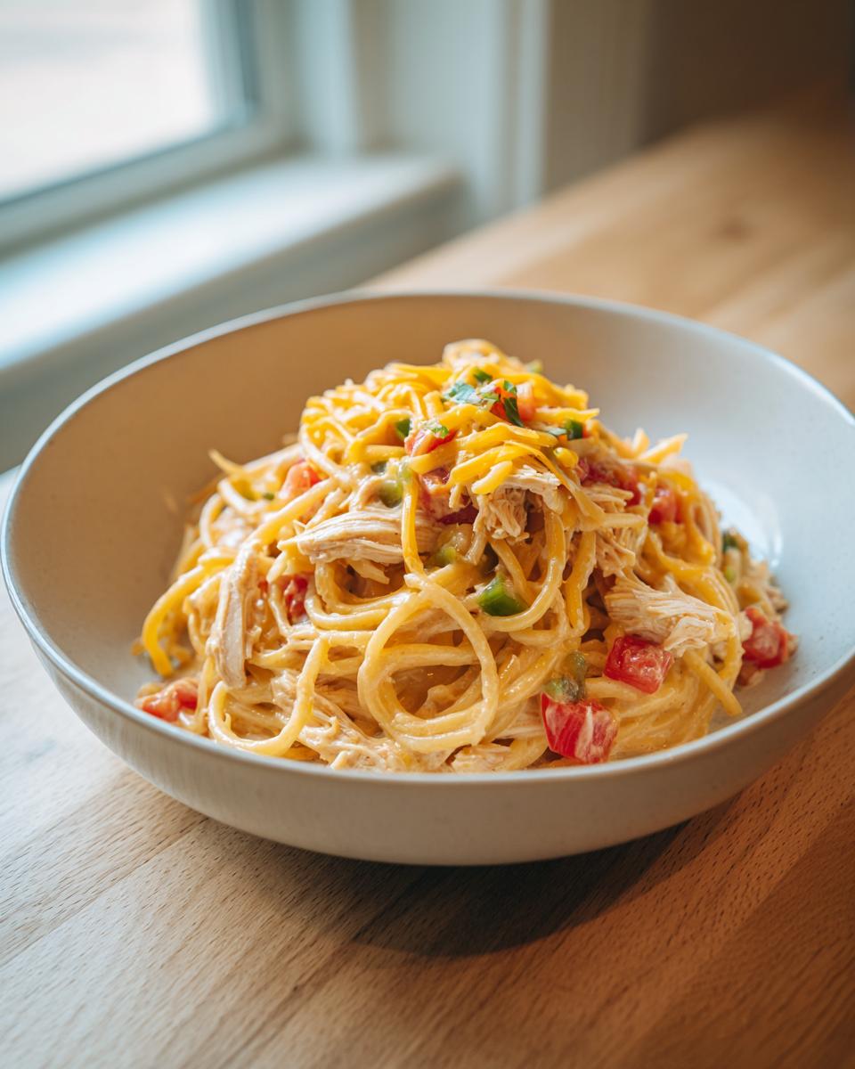 A bowl of creamy Rotel chicken spaghetti topped with shredded cheese and chopped cilantro.