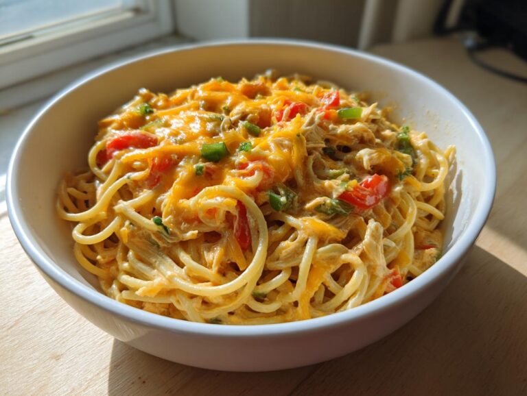 A close-up of a white bowl filled with creamy Rotel chicken spaghetti, topped with melted cheese and green onions.